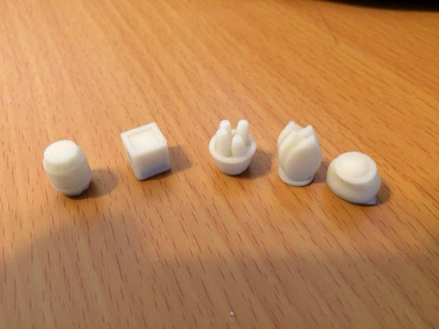 Board game bits - Barrel, Crate, Corn, Tobacco, Sugar (originally made for Black Fleet)