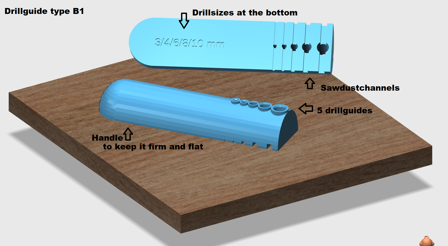 Drillguide for straight/perpendicular holes Type B1, 5 drillsizes,  customizable