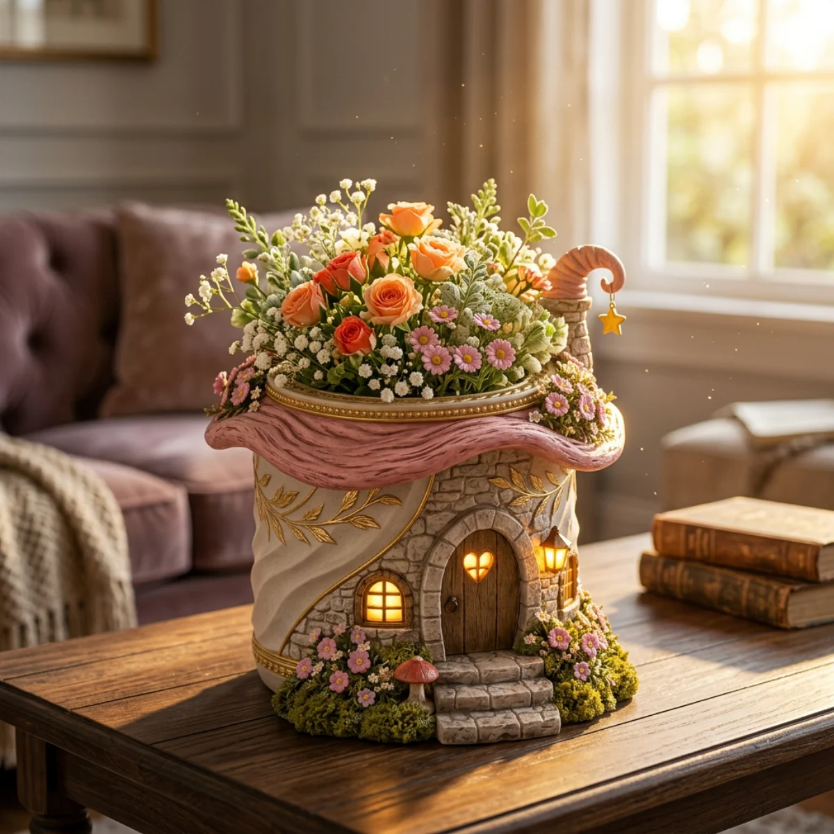 Free Enchanted Pink Fairy Cottage Planter with Whimsical Lantern & Floral Details