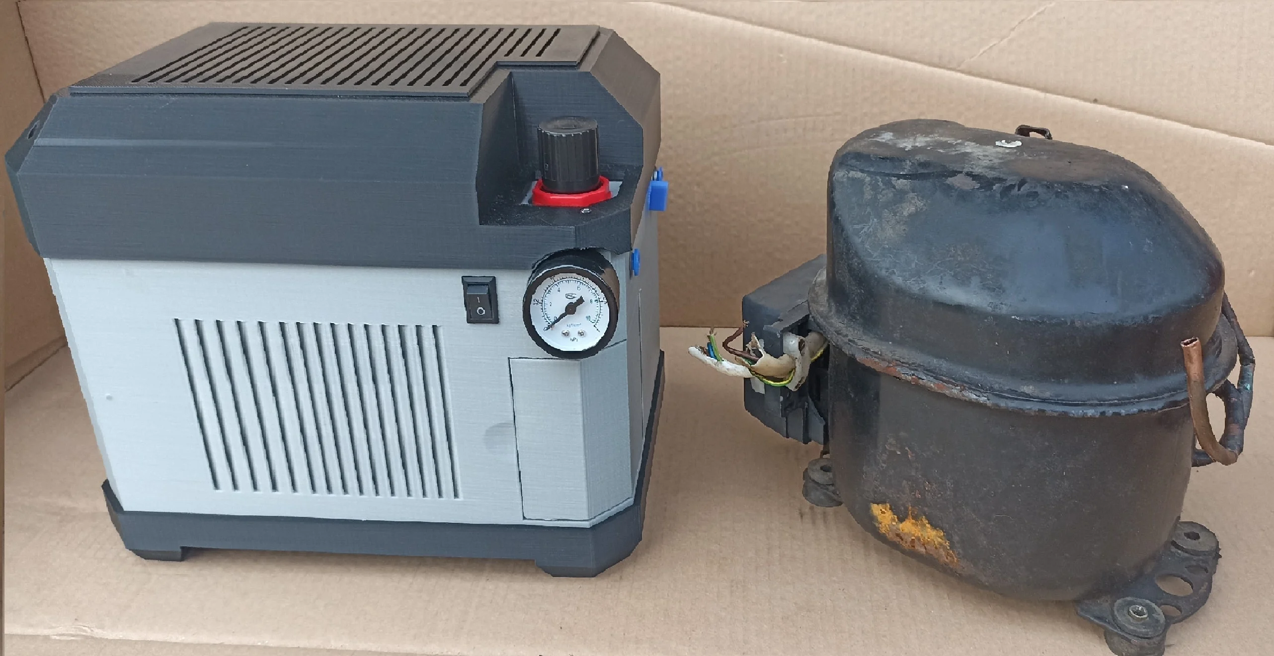Fridge compressor housing - silent air & vacuum source