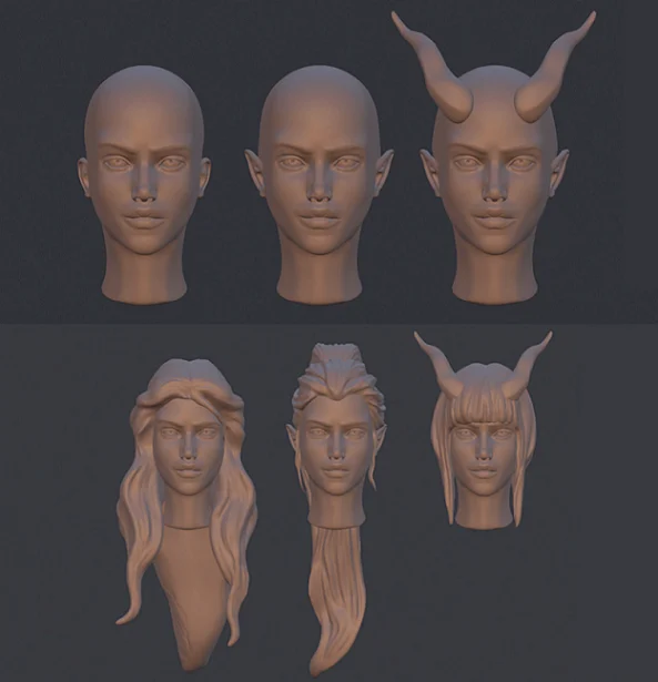 Female head with 3 races and 3 hair variations to combine