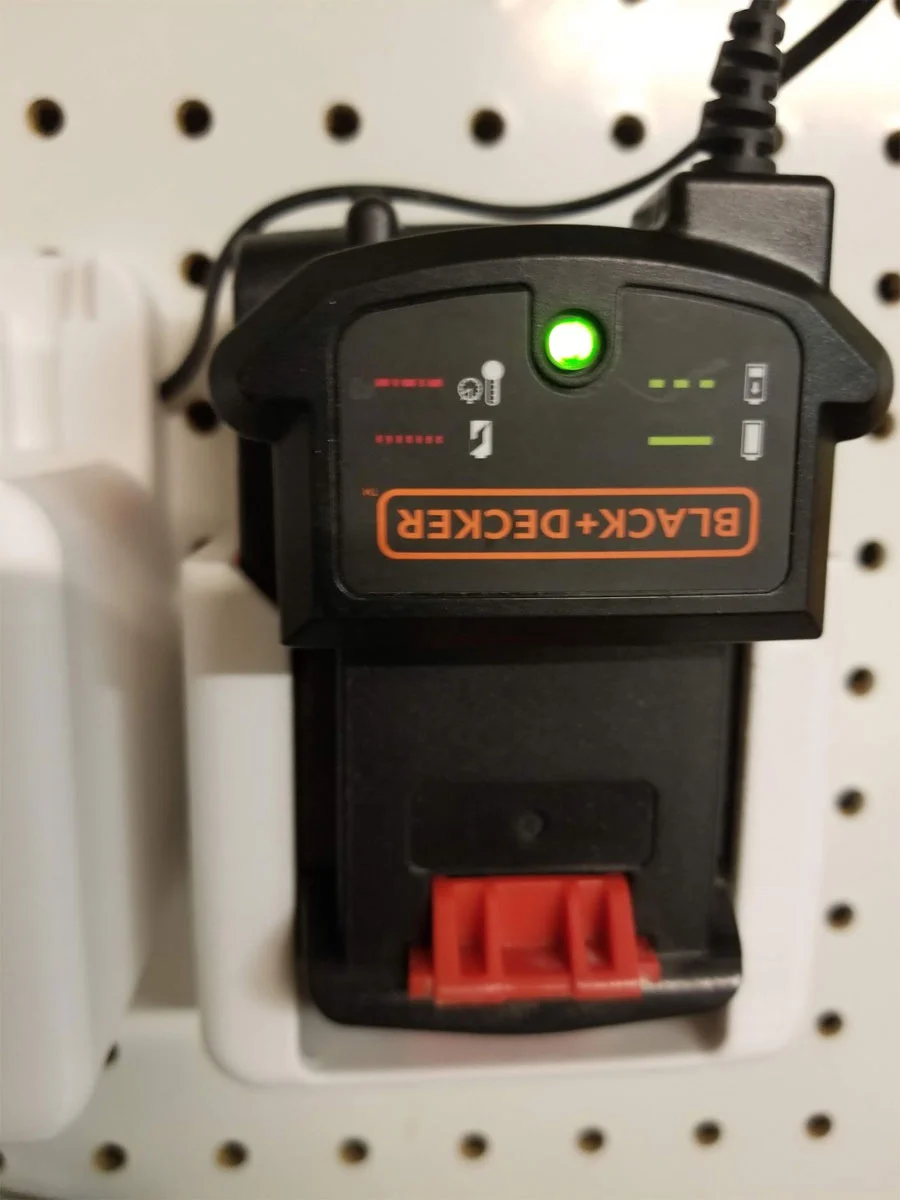 Black & Decker 20V MAX Regular or Extended 5.0Ah Battery AND Charger Holders (with 1" pegboard mounting option)