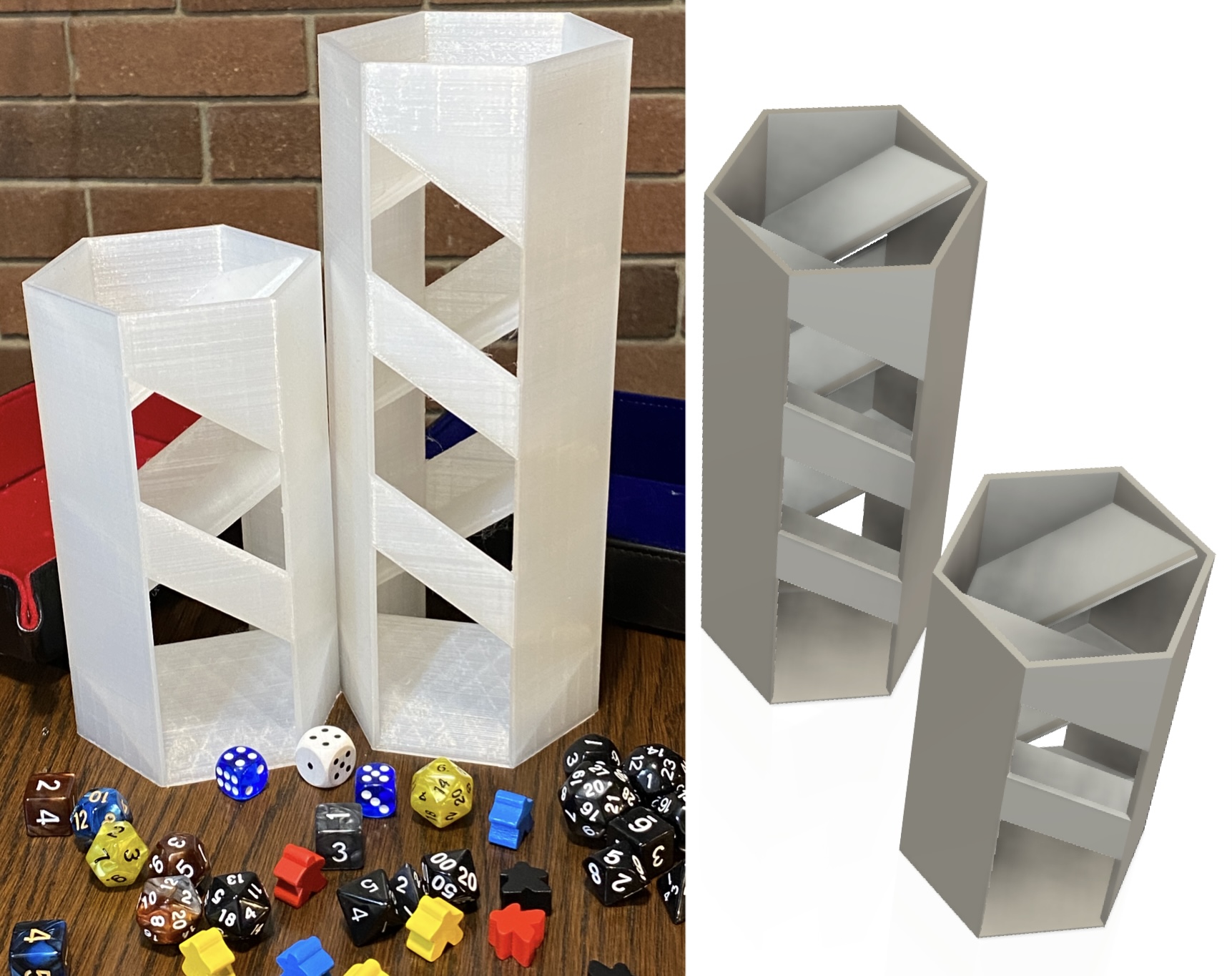 Hexagon Dice Tower - Double spiral / helix dice roll - with Windows