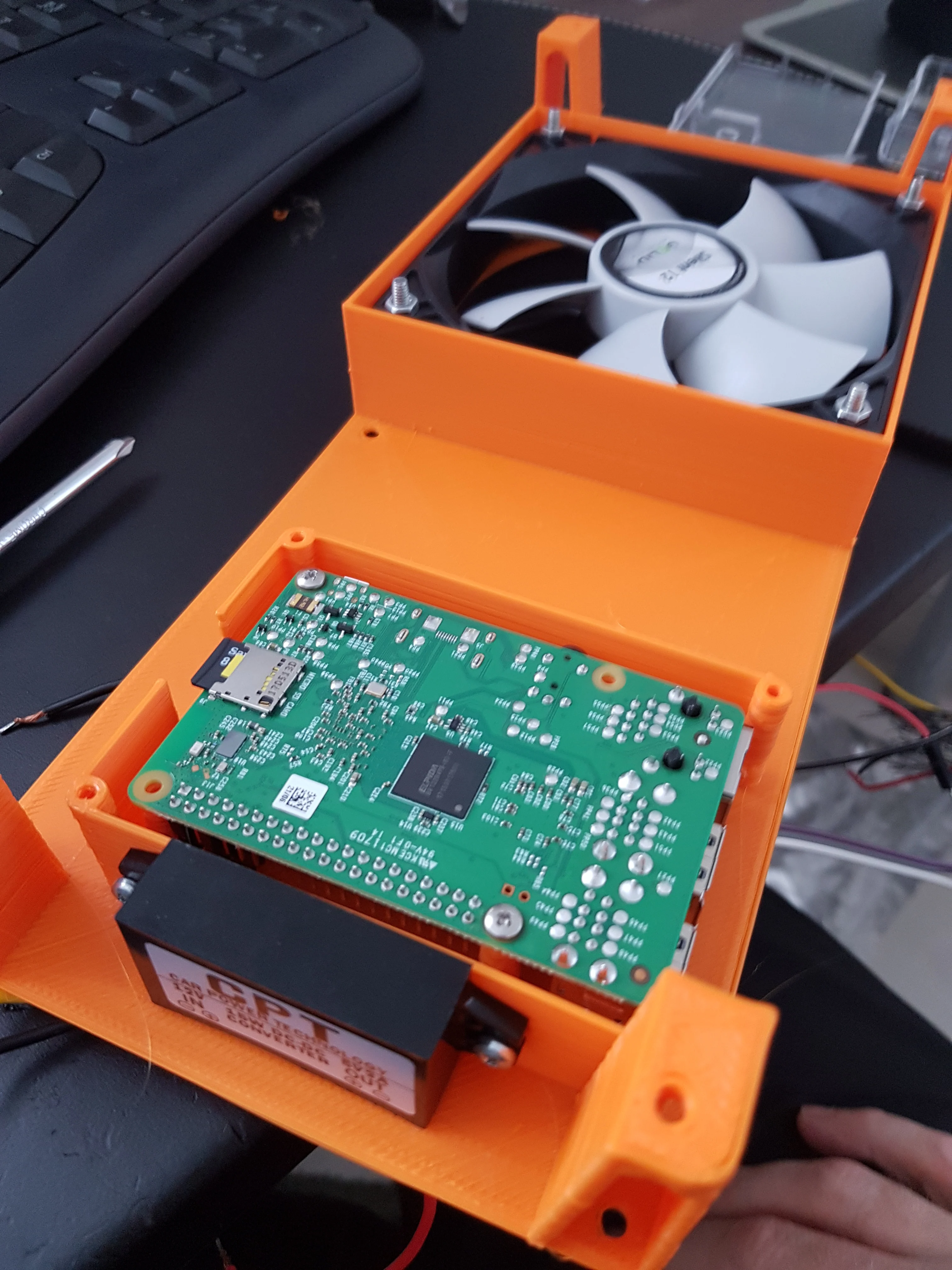 Creality CR-10 120mm fan housing base plate with Raspberry Pi mount and legs