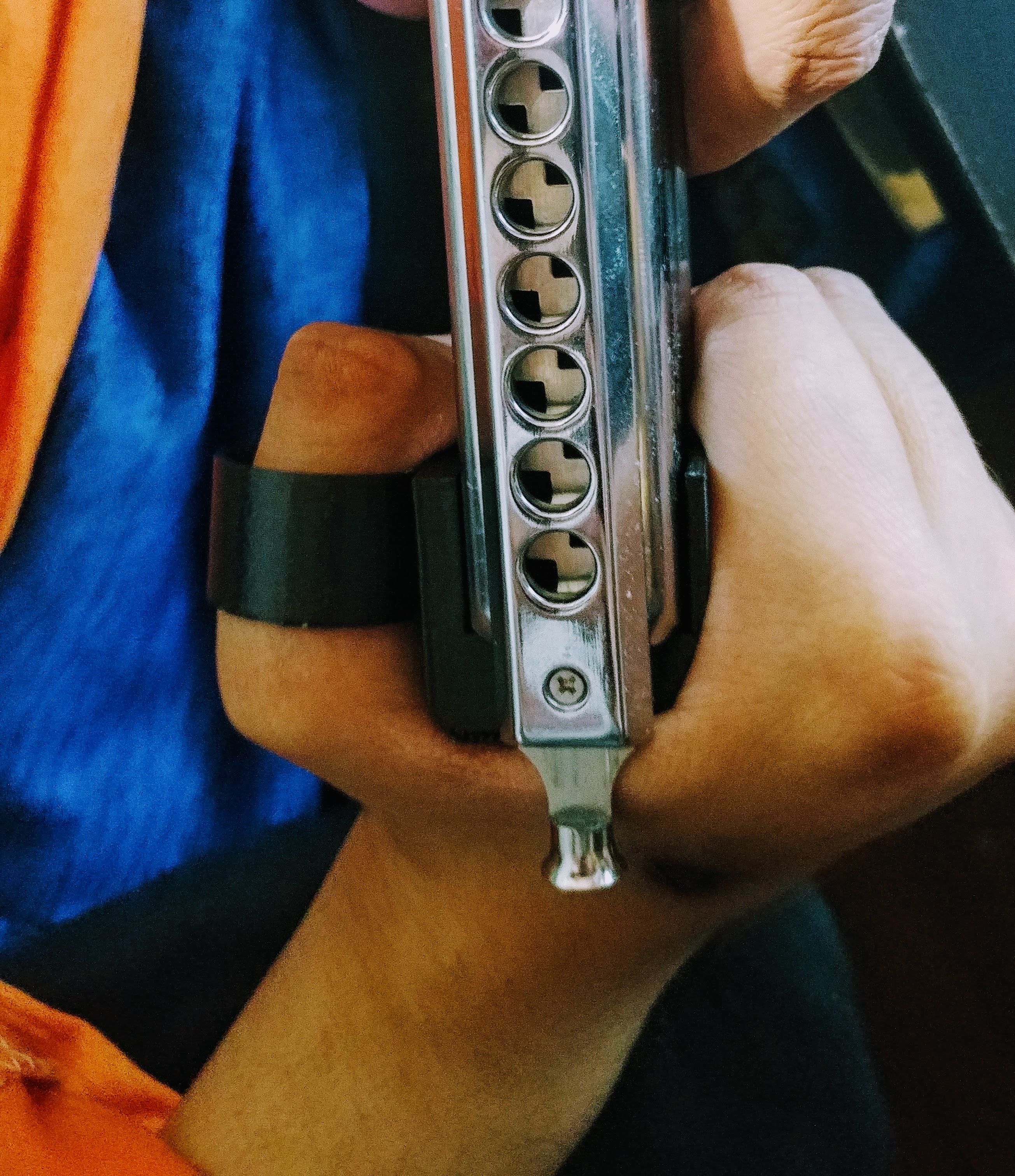Swan 10-hole chromatic harmonica adapter with swivel thumb ring on bottom