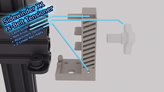 X-Belt Tensioner with Cable-Guide, attachment options and Z-Linear Rail ready (for Sidewinder X1)