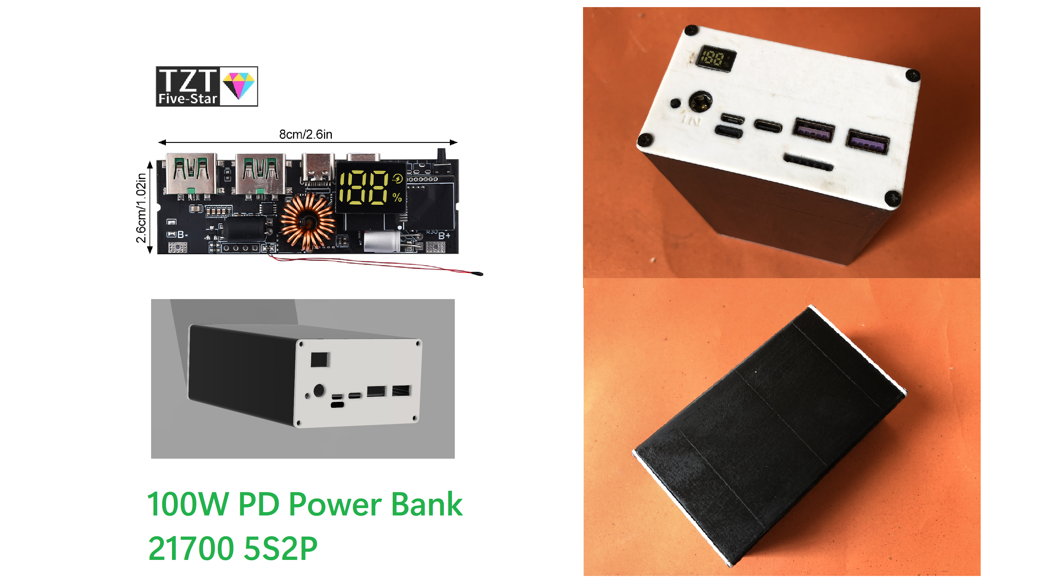 TZT 100w USB C PD power bank case 21700 5S2P
