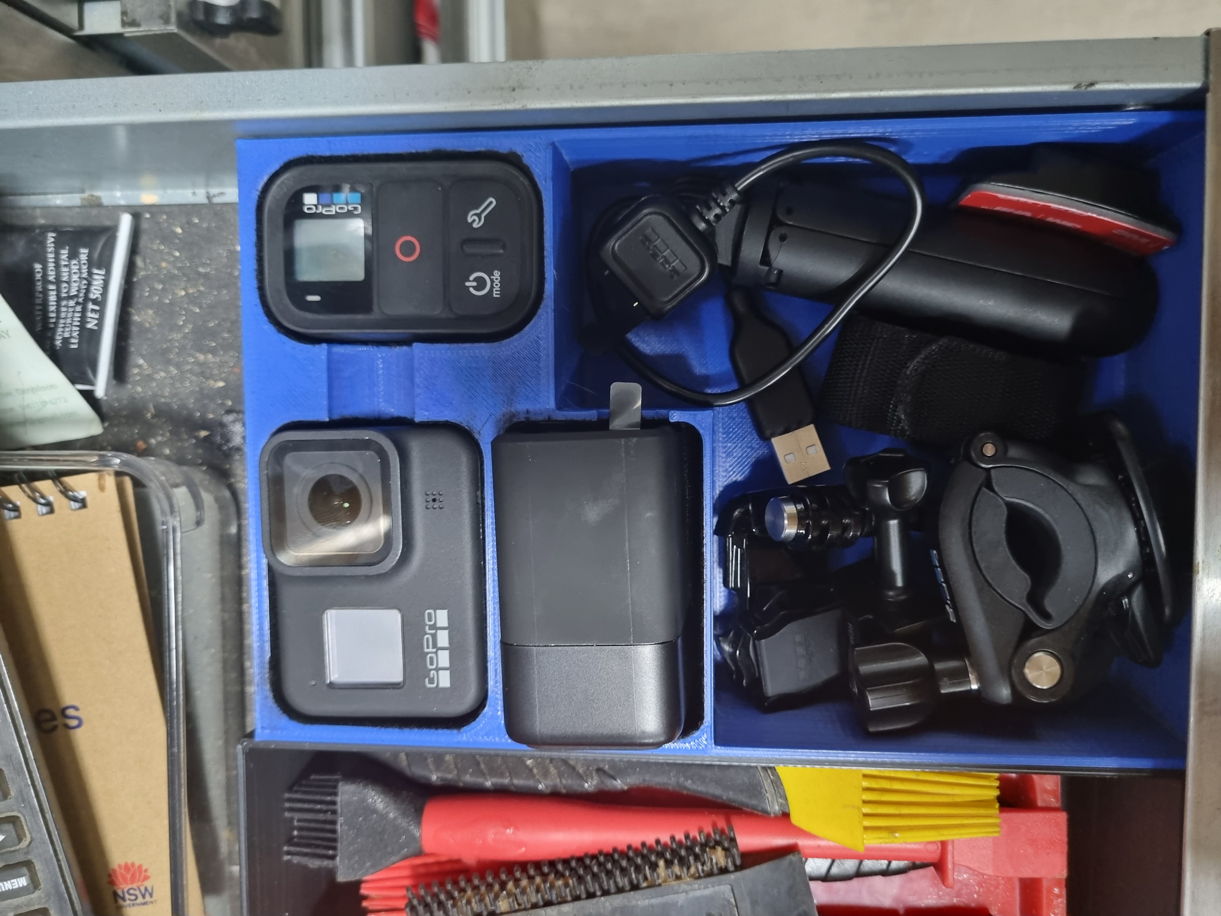 GoPro Drawer container for Gopro 8, remote and dual battery charger slots
