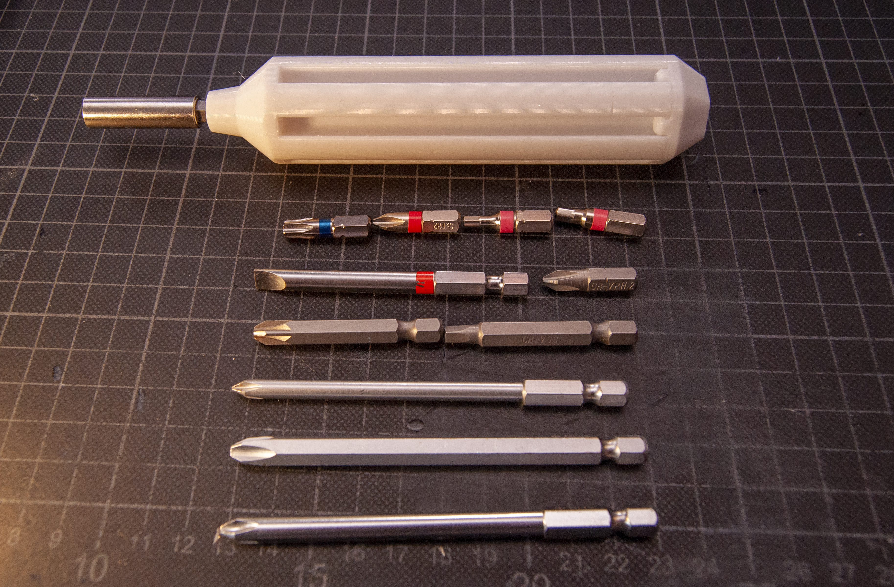 Prototype Screwdriver handle with space to store up to 24 Hex bits