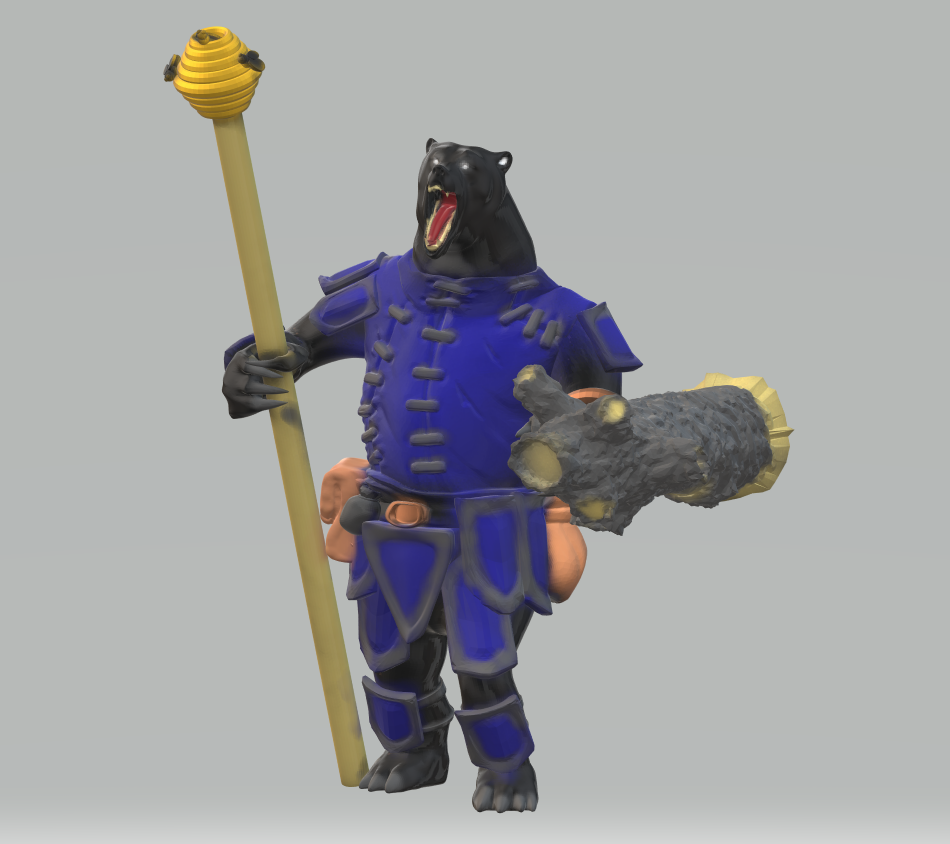 Belloo the Black, Defender of the Honey Hole - Bearfolk Druid with Staff of the Honey Hive and Log Shield