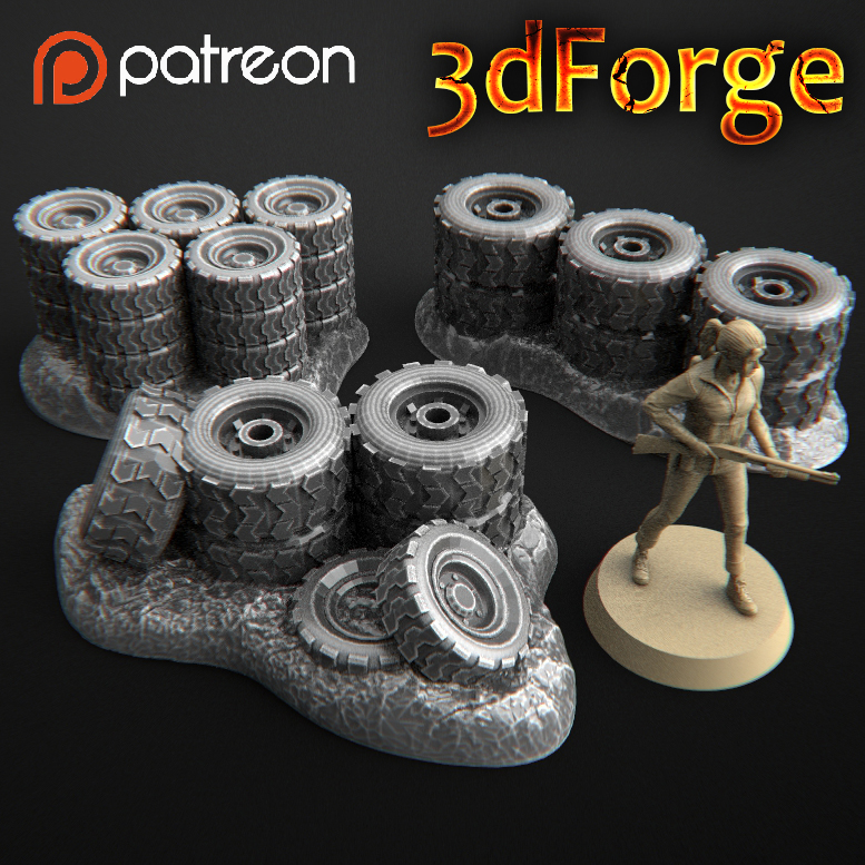 Car wheels, stacked truck, apocalyptic, post-apocalyptic