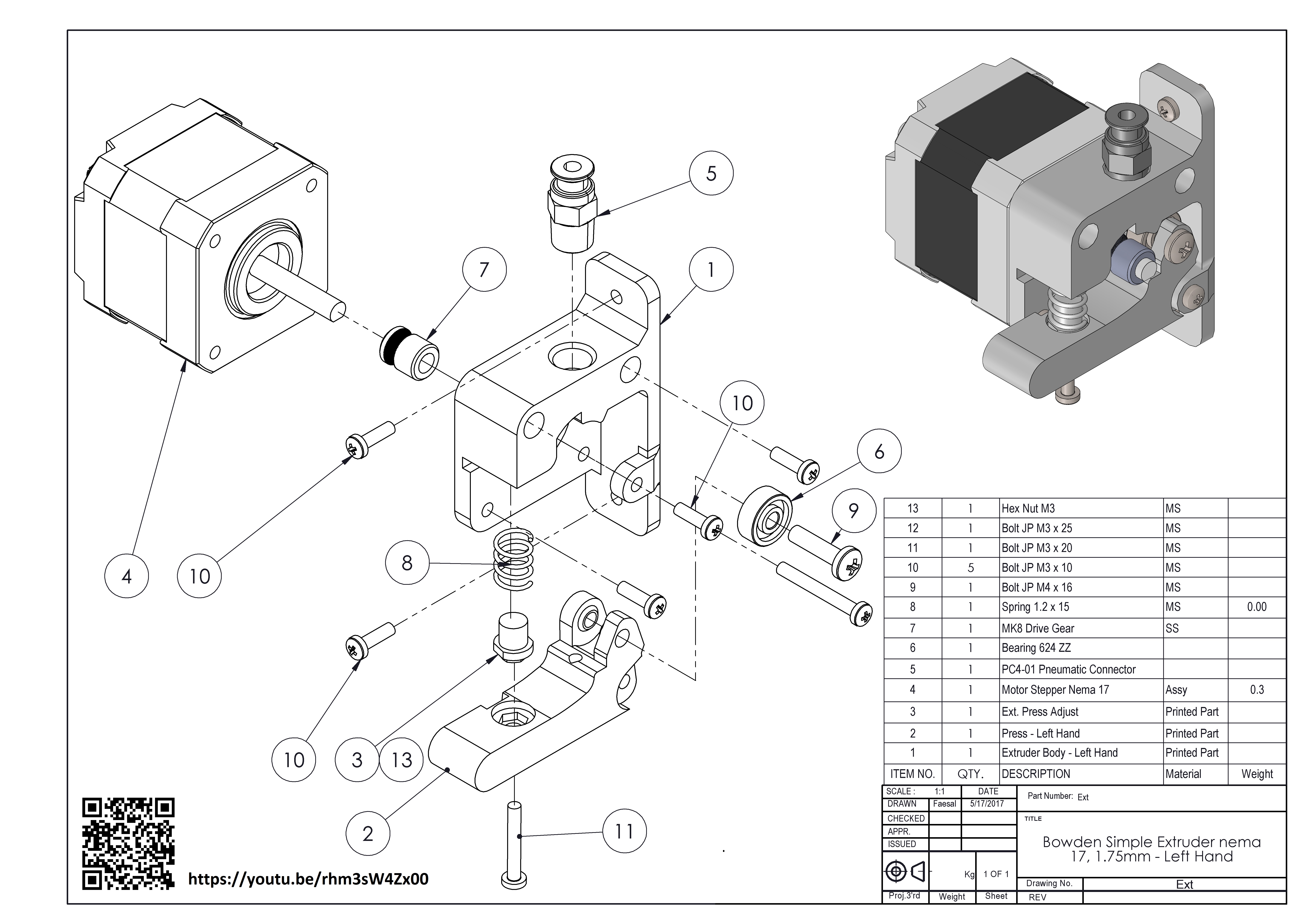 Simple Bowden Extruder  1.75 Filament, Left Hand