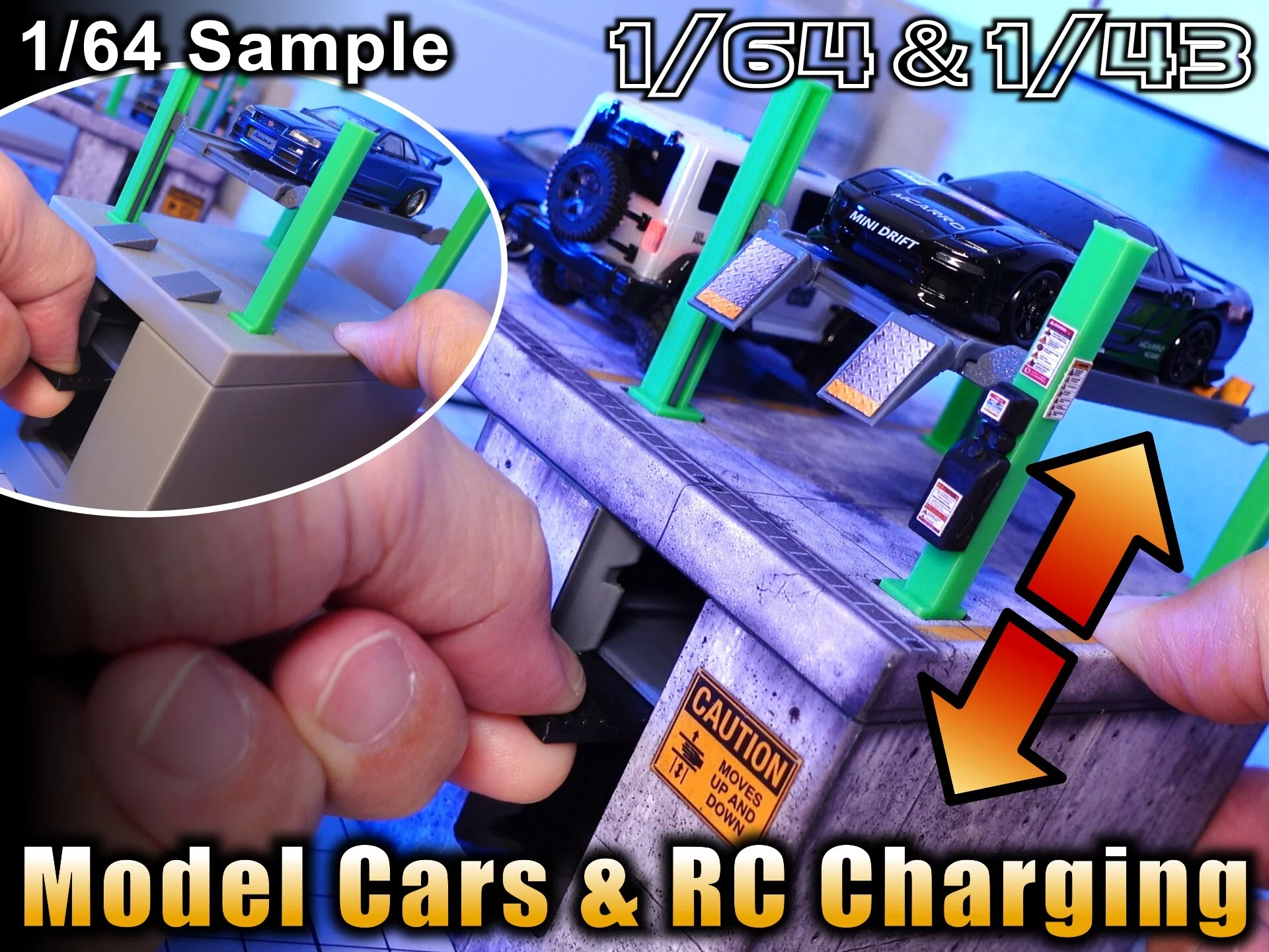 1/64 Sample – Working 4-Post Lift & RC Charging Stand (1/64 & 1/43)