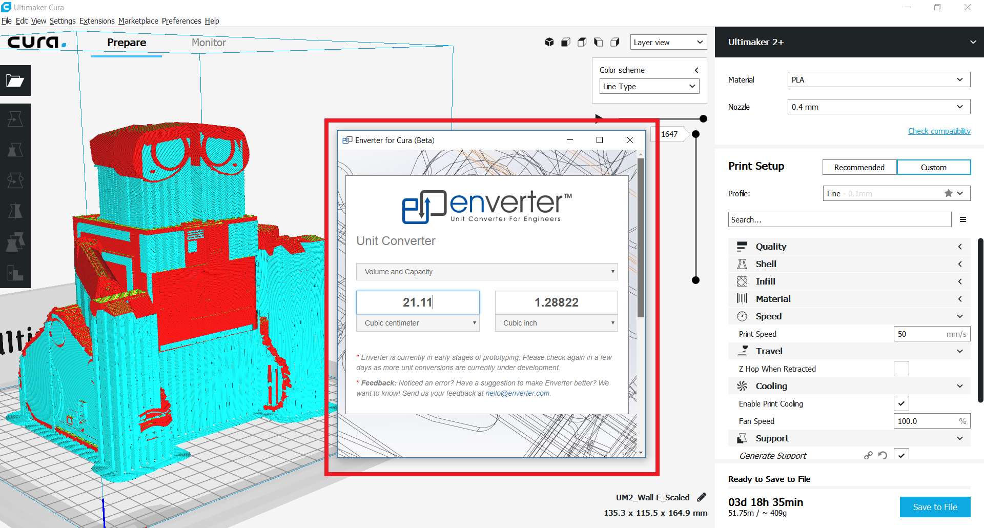 Dimensional analysis and unit conversion plugin for Cura
