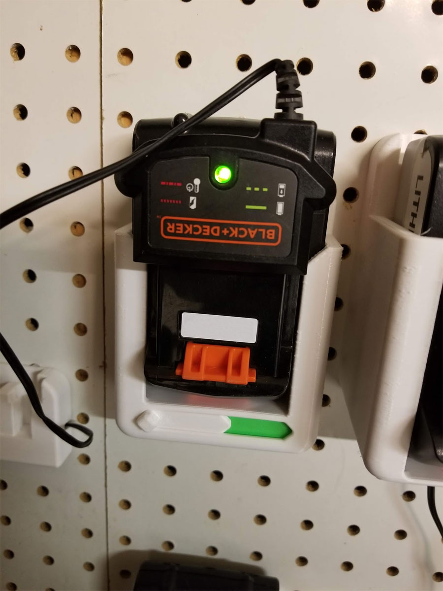 Black & Decker 20V MAX Regular or Extended 5.0Ah Battery AND Charger Holders REMIX with Status Indicator (and 1" pegboard mounting option)