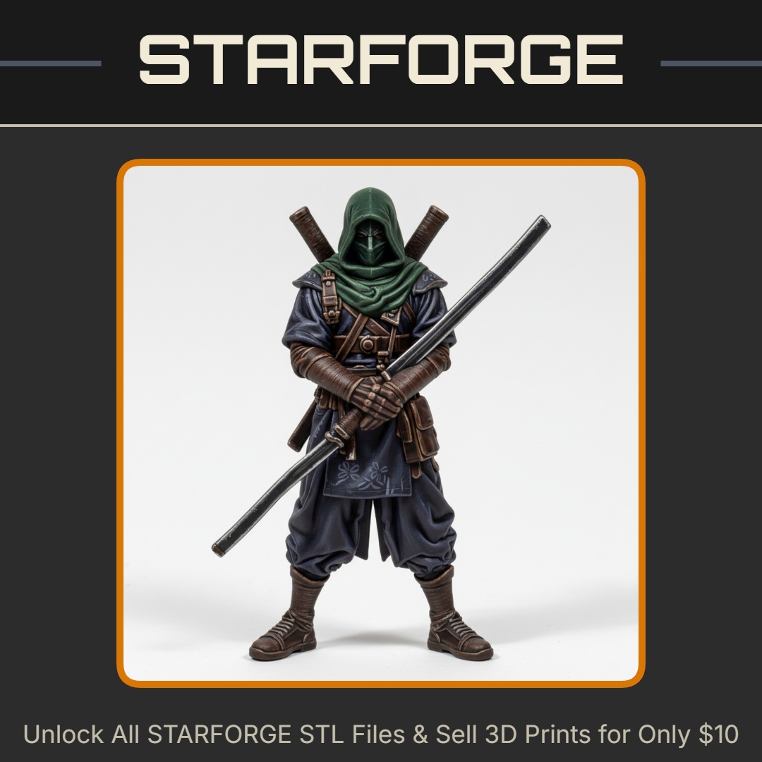 28mm DND Hooded Ninja Dual Swords Staff Combat Stance Stealth Outfit StarForge Kits 3D Print STL File