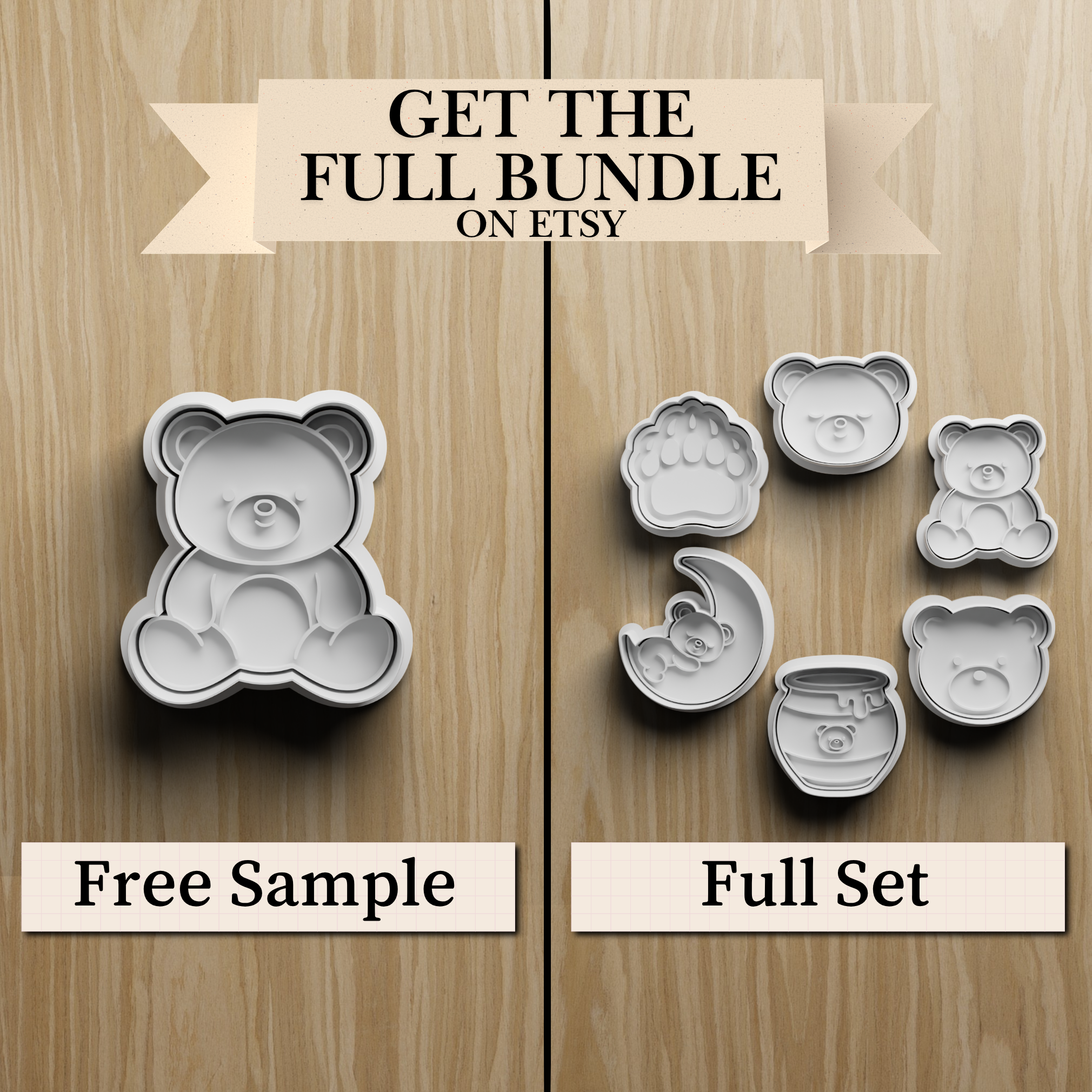 Free Sample of 6 Teddy Bear Cookie Cutter STL Set, 6 Bear Designs, 3D Print File