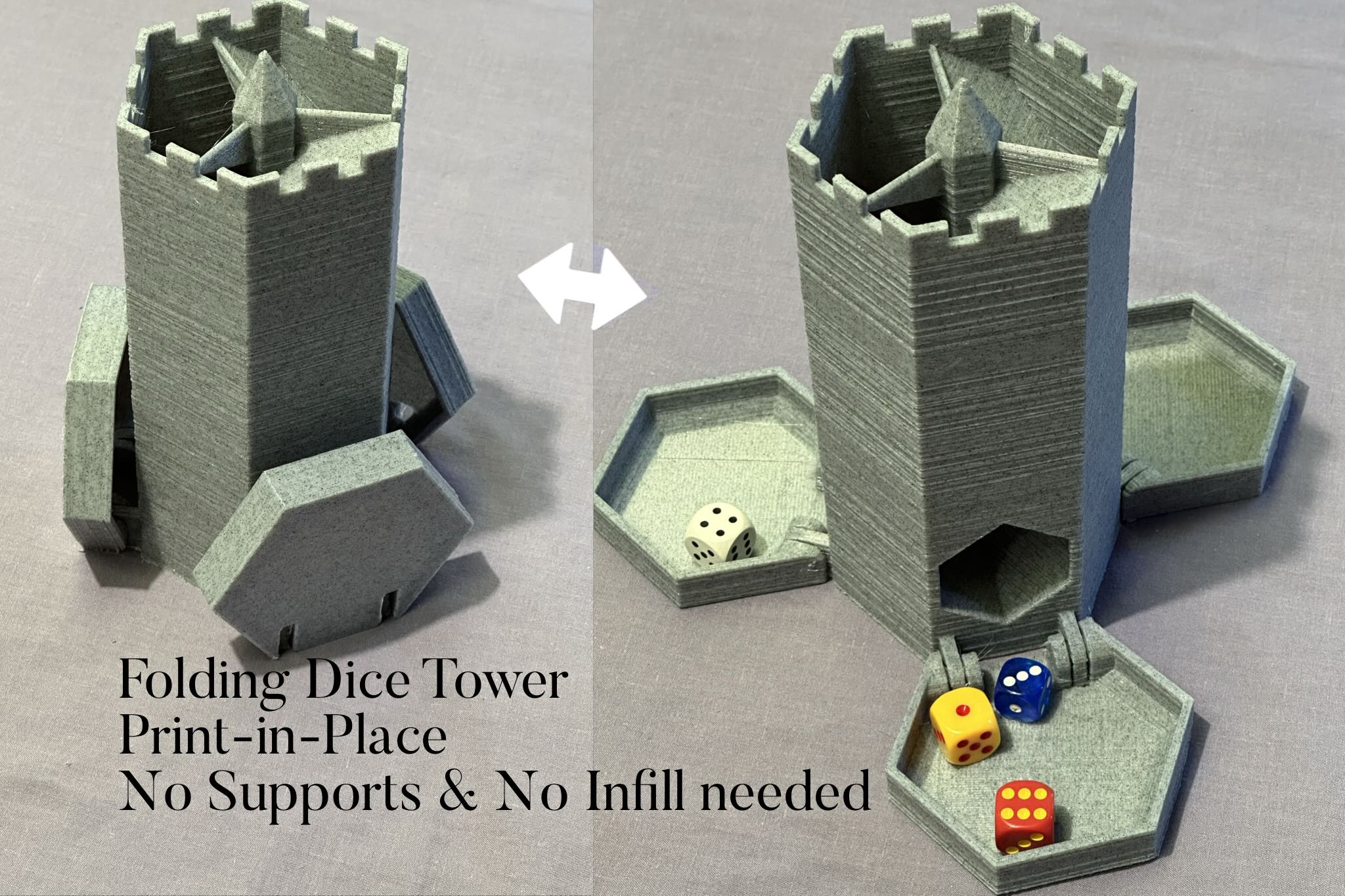 Folding Castle Hex Dice Tower (print in place)