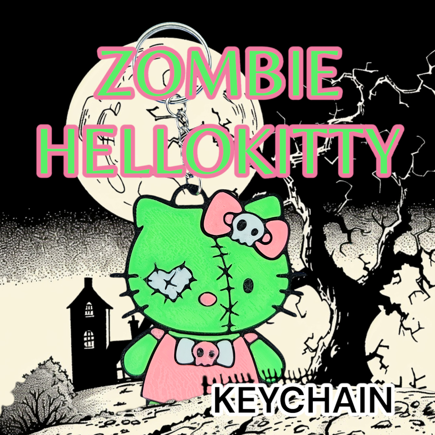 Hello Kitty Patched Stitched Zombie Spooky Keychain.