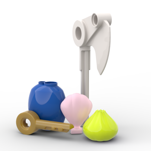 MNOG axe, air bladder, madu fruit, clam, and nixie's key.