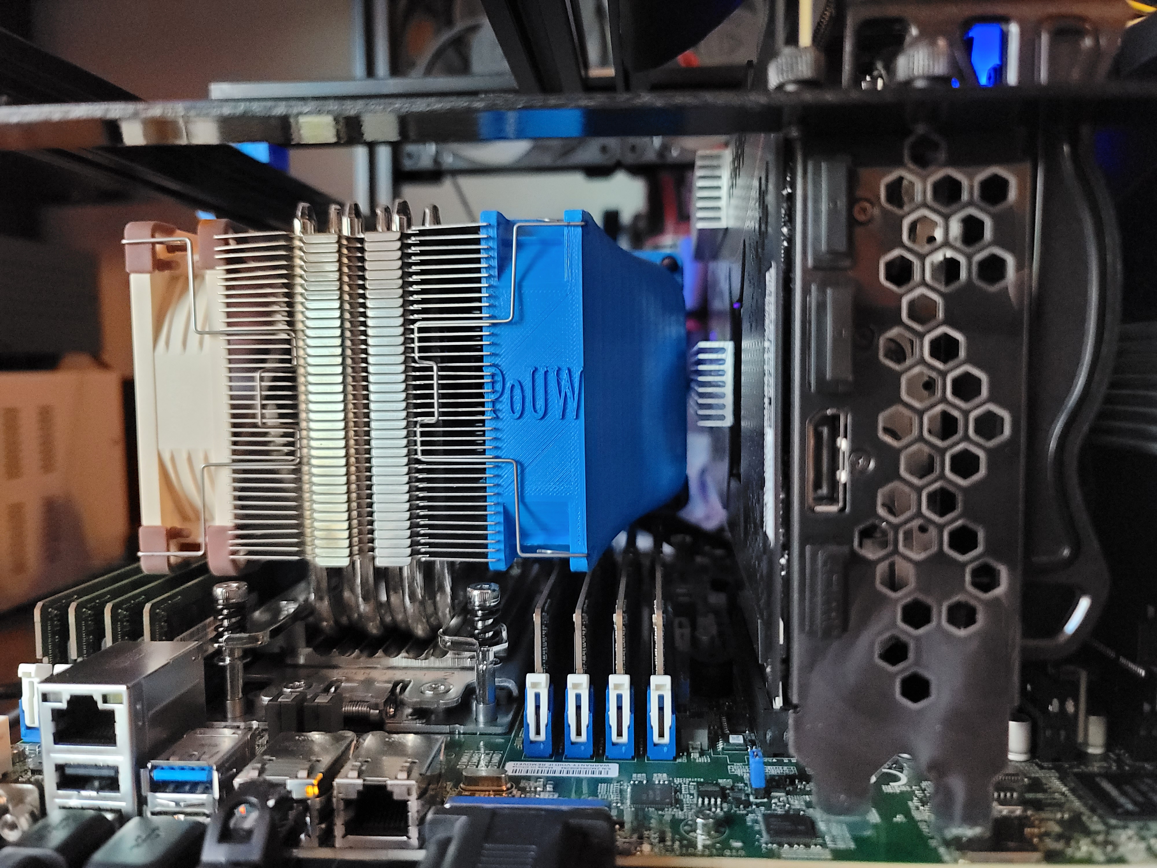 SP3 CPU cooler redirect shroud for Noctua NH-U9 on an AMD epyc 7401p+ Supermicro H11SSL-i PoUW FLUX