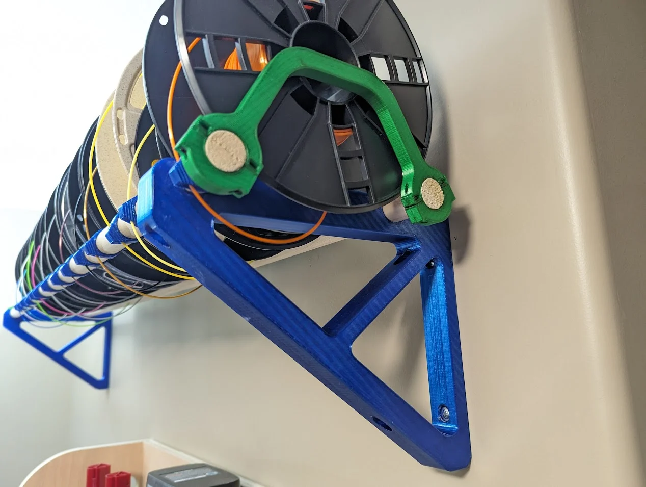 Filament Spool Shelf Bracket (with End Stops and Anti-Tangle Clips)