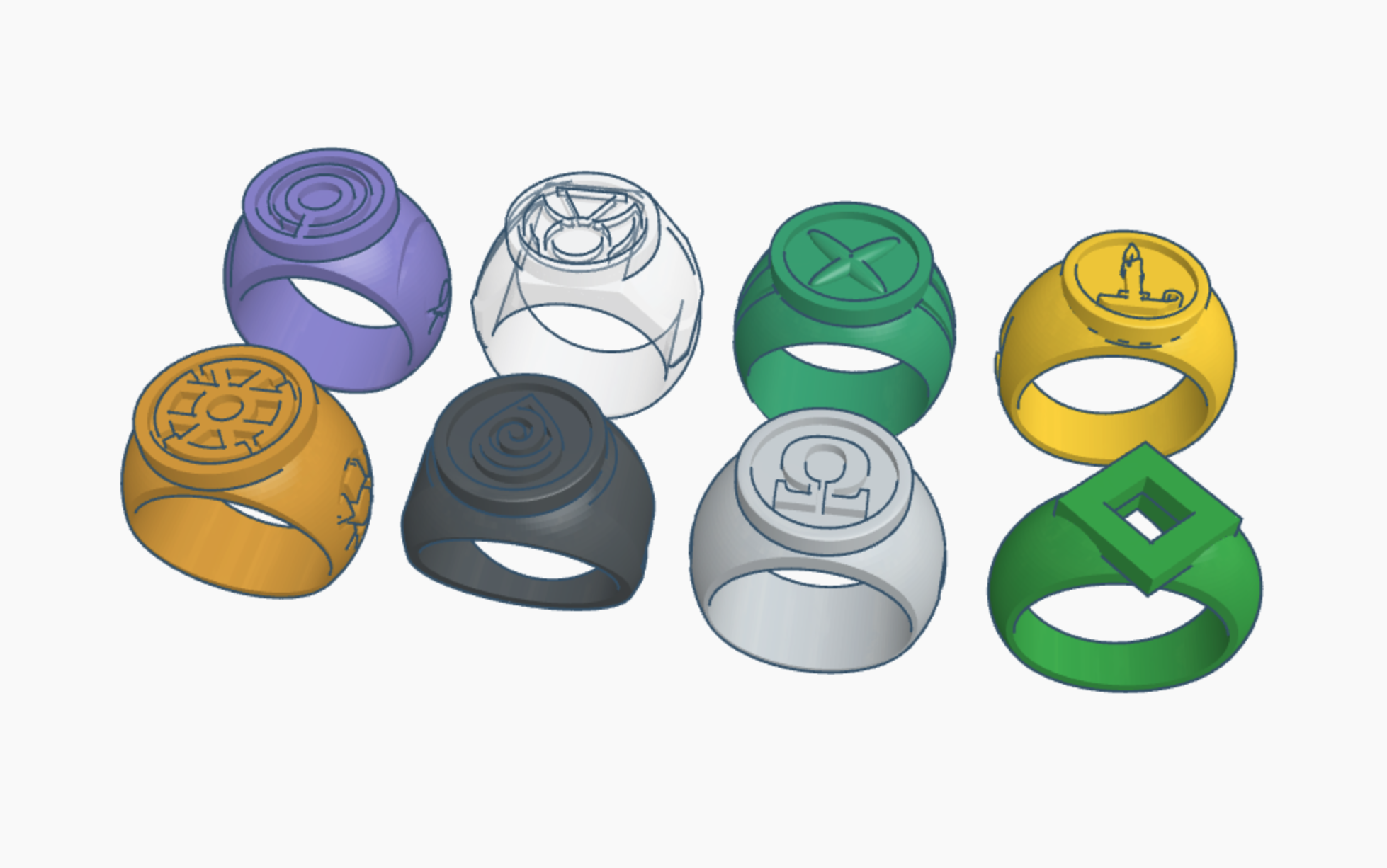 Various Lantern Core Rings: Gold, Phantom, Sorrow, Ultra Violet, Volthoom, Omega, Oa, Bizarro Yellow