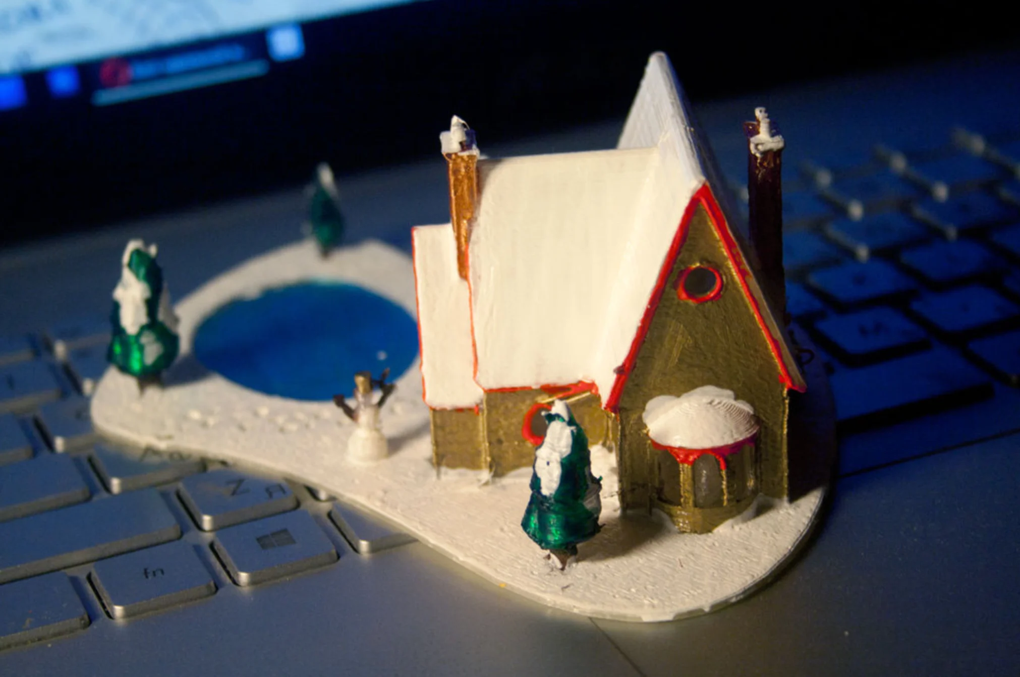 Christmas House With frozen pond