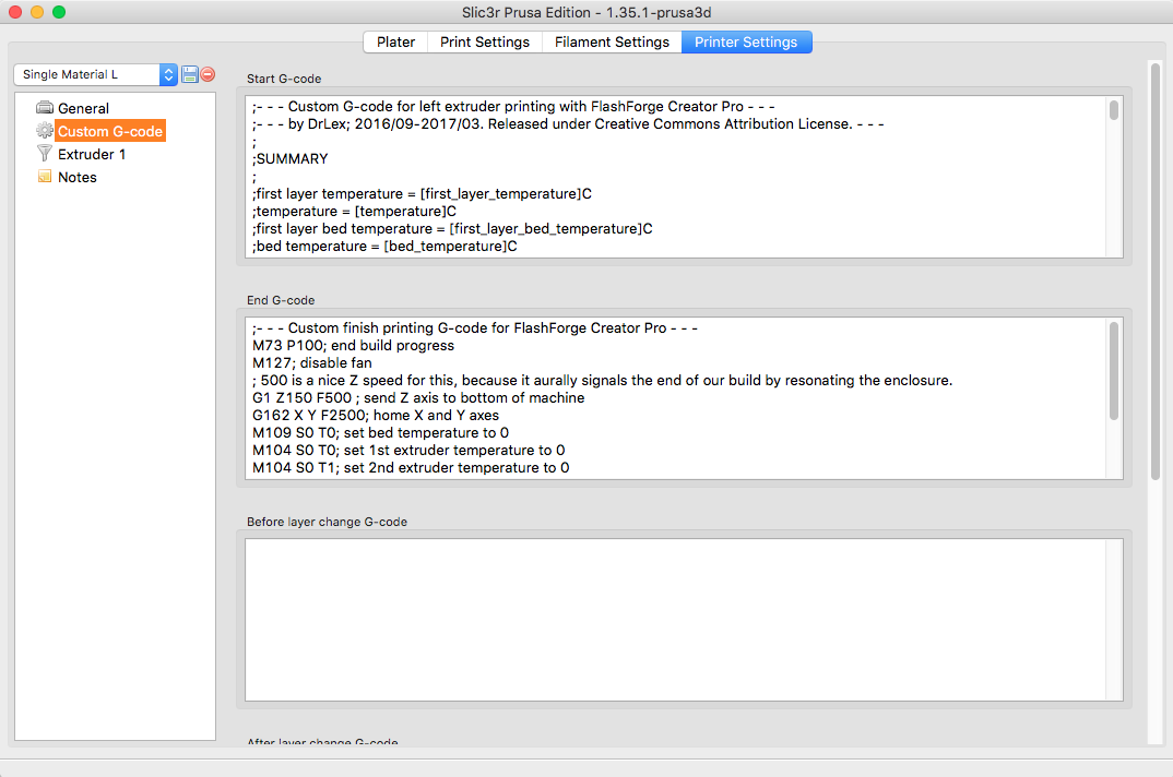 PrusaSlicer G-code snippets for FlashForge Creator Pro