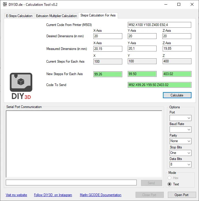 Calculation Tool for E-Steps, extrusion multiplicator and steps for X,Y, Z axis