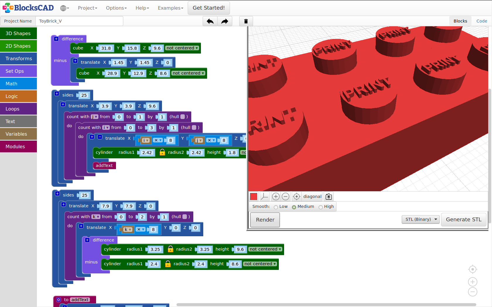 Toy Brick made with BlocksCAD