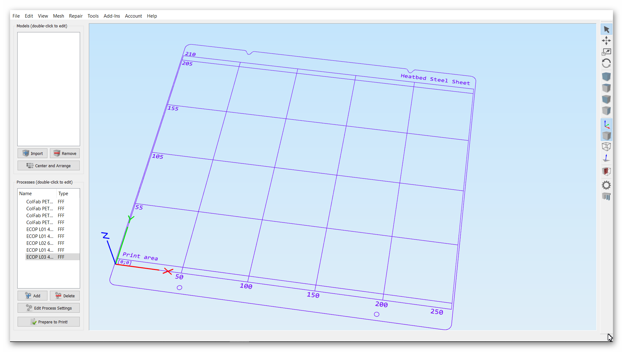 Simplify3D PRUSA i3 MK3 MK52 steelsheet bedfile with grid