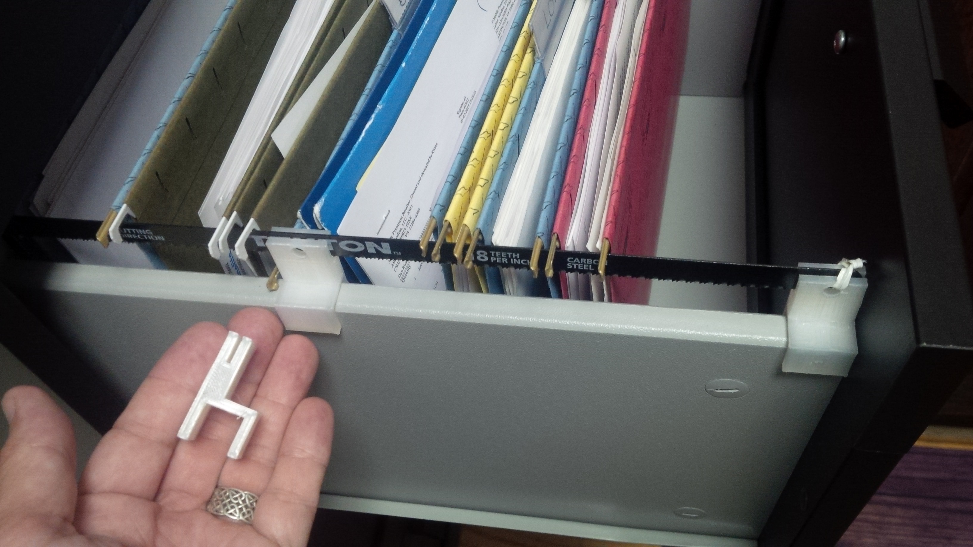Hanging folders rail bracket for hacksaw blade and IKEA BRIMNES 4-drawer chest