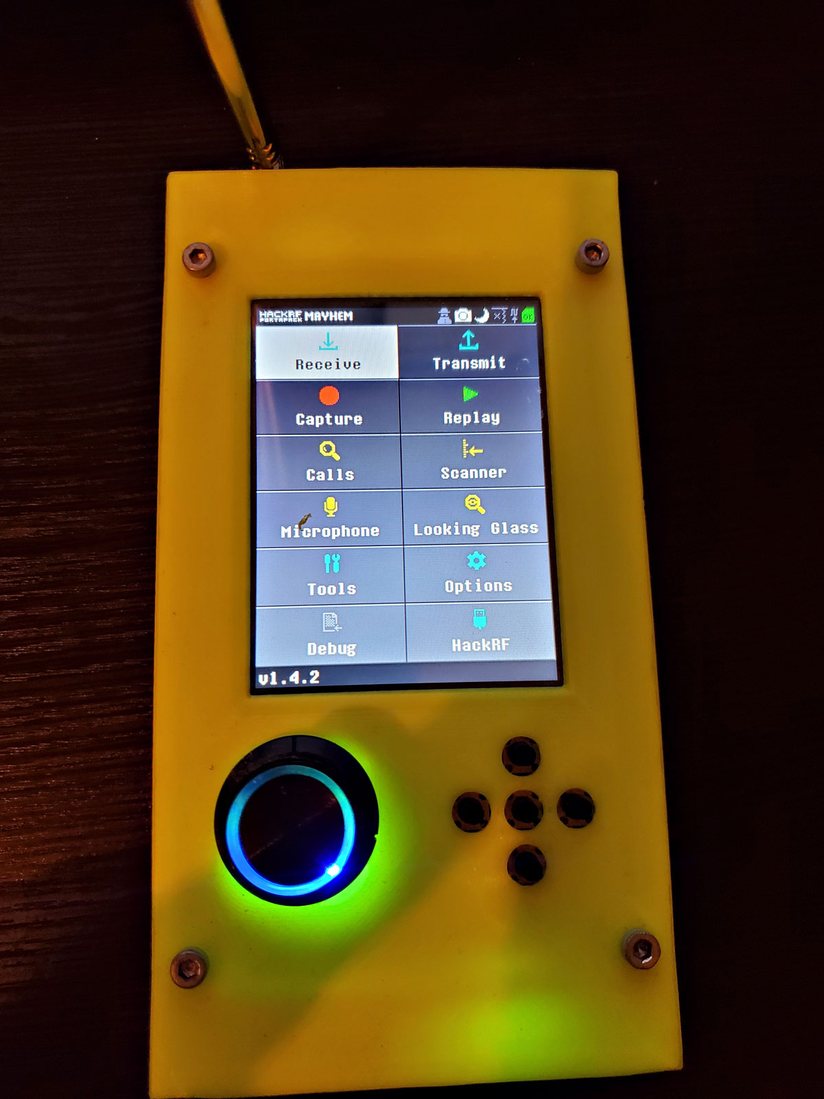 HackRF One with portaPack H2 case that protects SMA. Battery and Speaker placement included