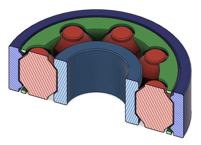 Low friction, print-in-place roller bearing 608, 6200, 6004