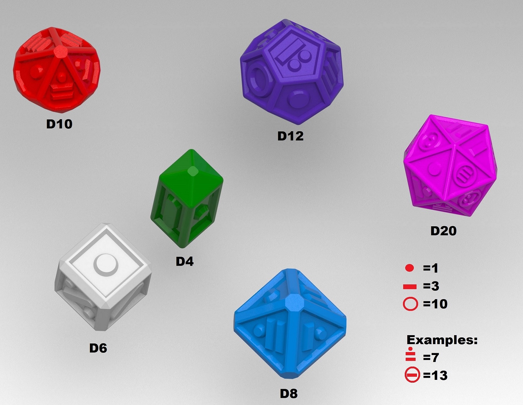 Dice Full Dungeons and Dragons Set for blind people D4 D6 D8 D10 D12 D20
