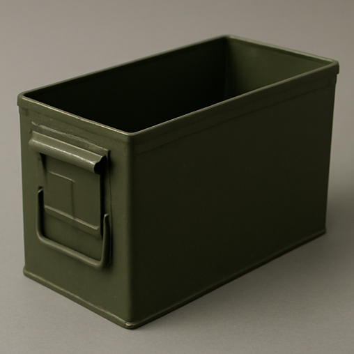 AI-generated storage box designed in the shape of an ammunition case