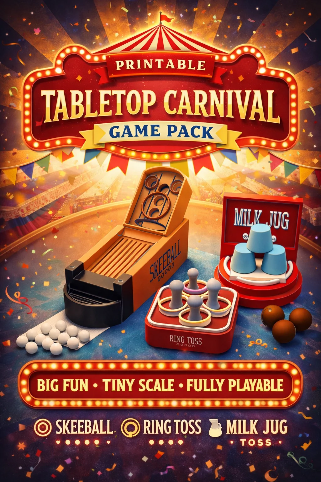 3D Printable Tabletop Carnival Games - Skeeball Game - Ring Toss Game - Milk Jug Toss Game
