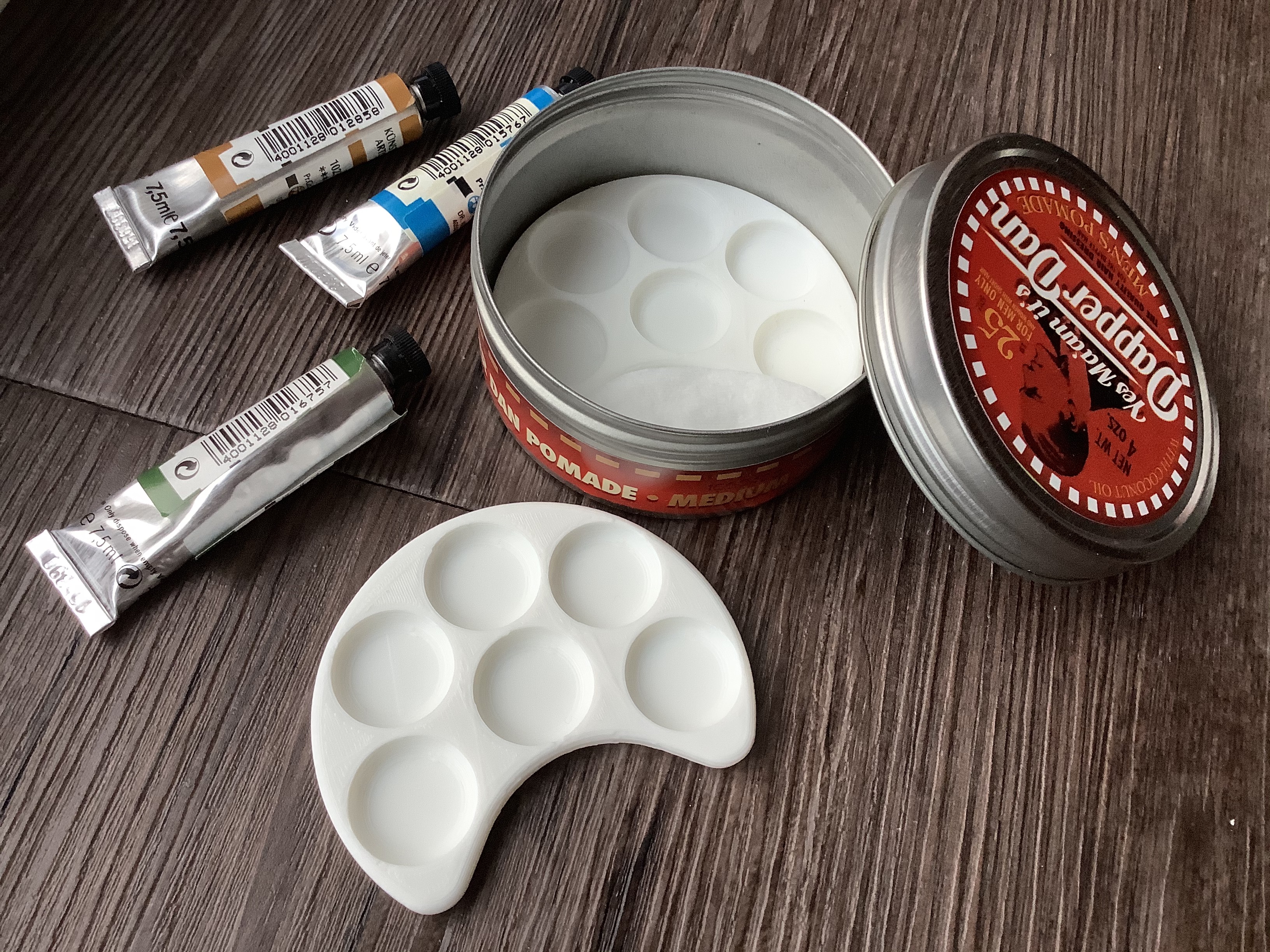Malpalette für 74 mm Dose (z.B. Pomadedose) für Aquarellfarben, Urbansketching und vieles mehr / Painting palette for 74 mm can (e.g. pomade can) for watercolor paints, urban sketching and much more