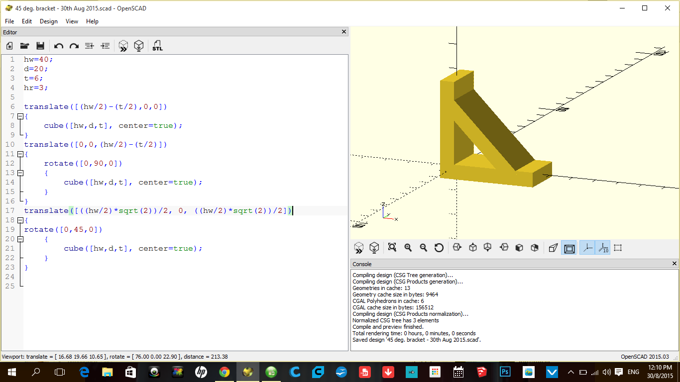 OpenSCAD: 45 deg. bracket - 31st Aug 2015 [1248am]