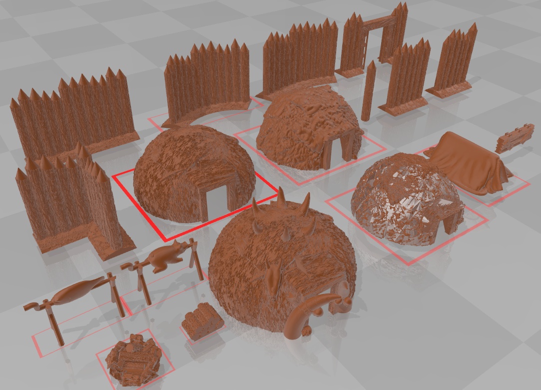 Primitive Huts, Tent, Palisade, Campfire for 28mm Wargaming and RPGs