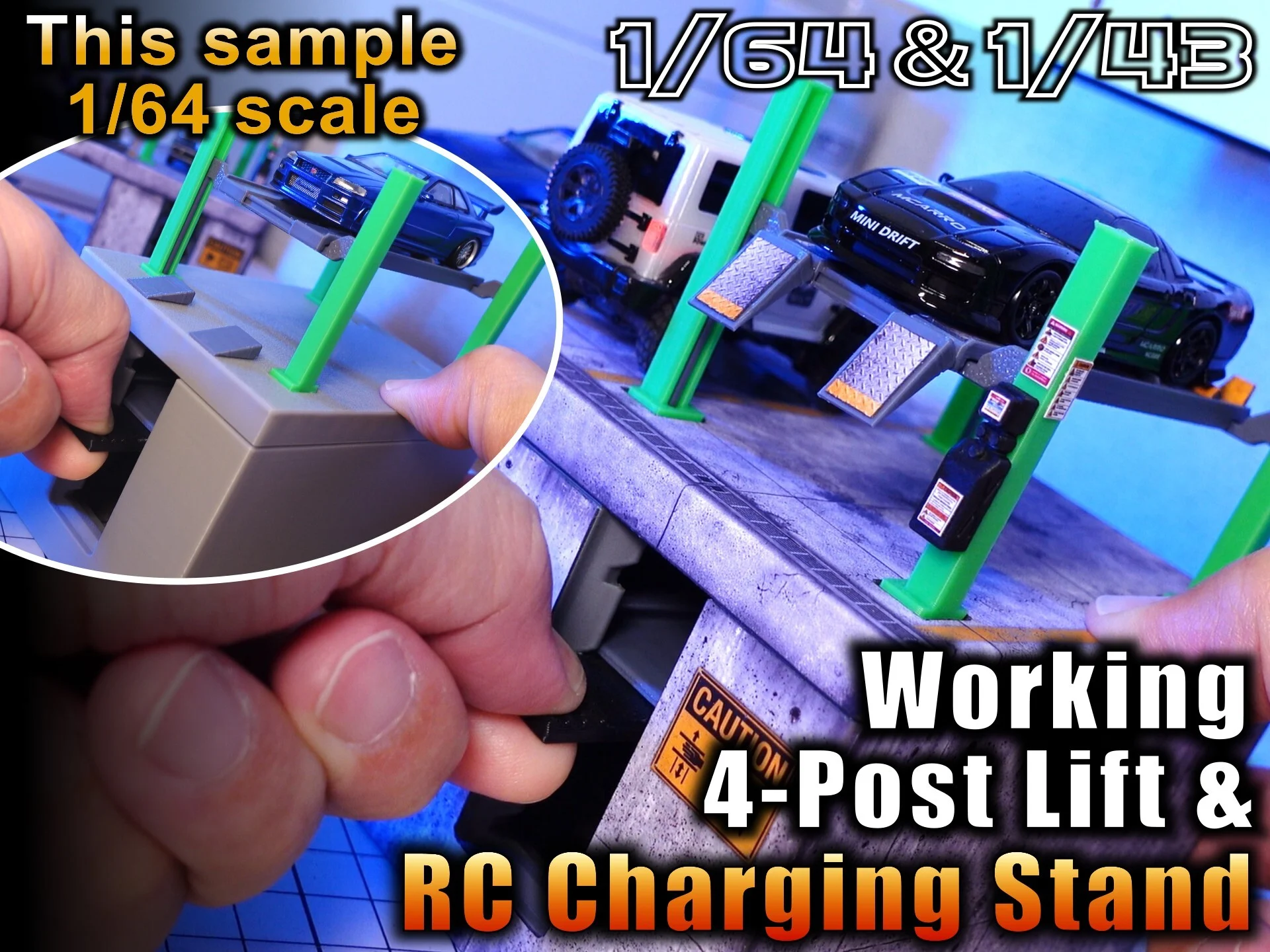 1/64 Sample – Working 4-Post Lift & RC Charging Stand (1/64 & 1/43)