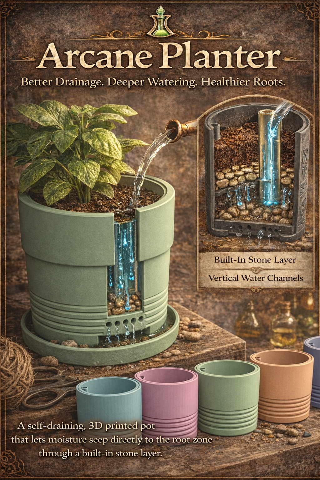 Arcane Dainage Planter - Deepwatering Rock Simulating Smart Garden Planter