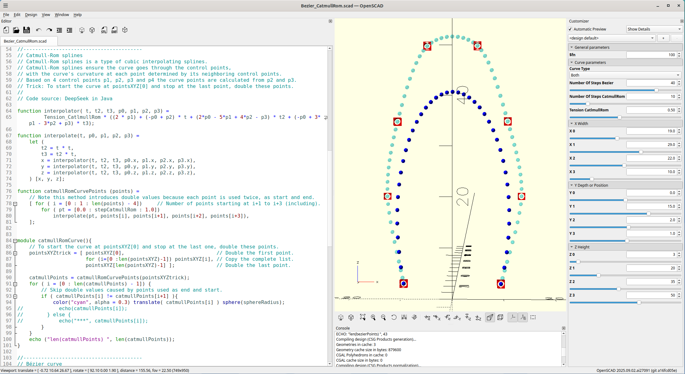 Bézier or Catmull-Rom splines in OpenSCAD