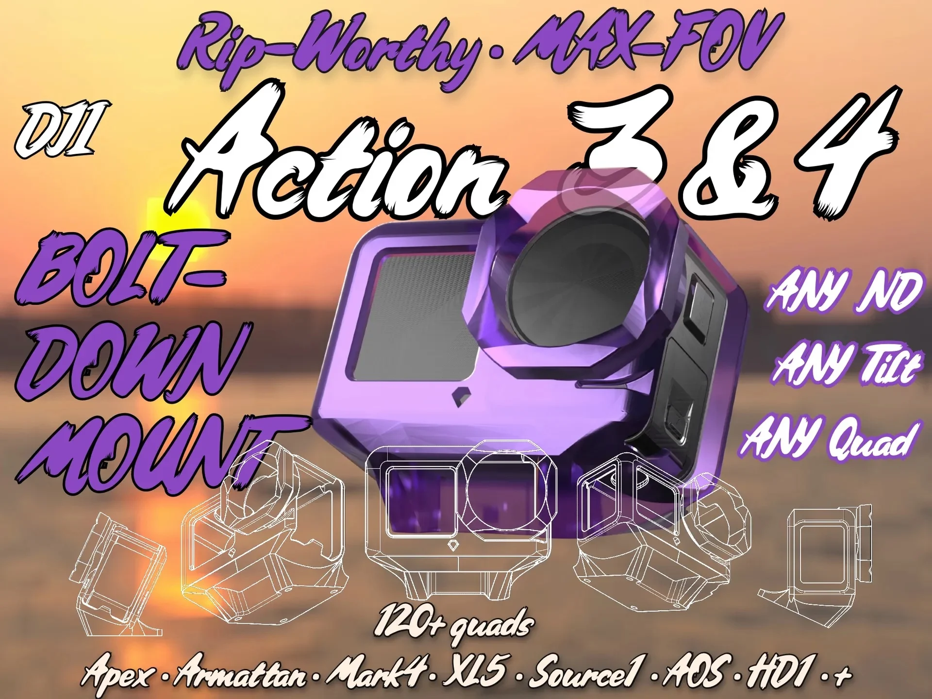 FPV Mount for Action 3, 4, 5, DJI TPU Drone Mounts, Max FOV