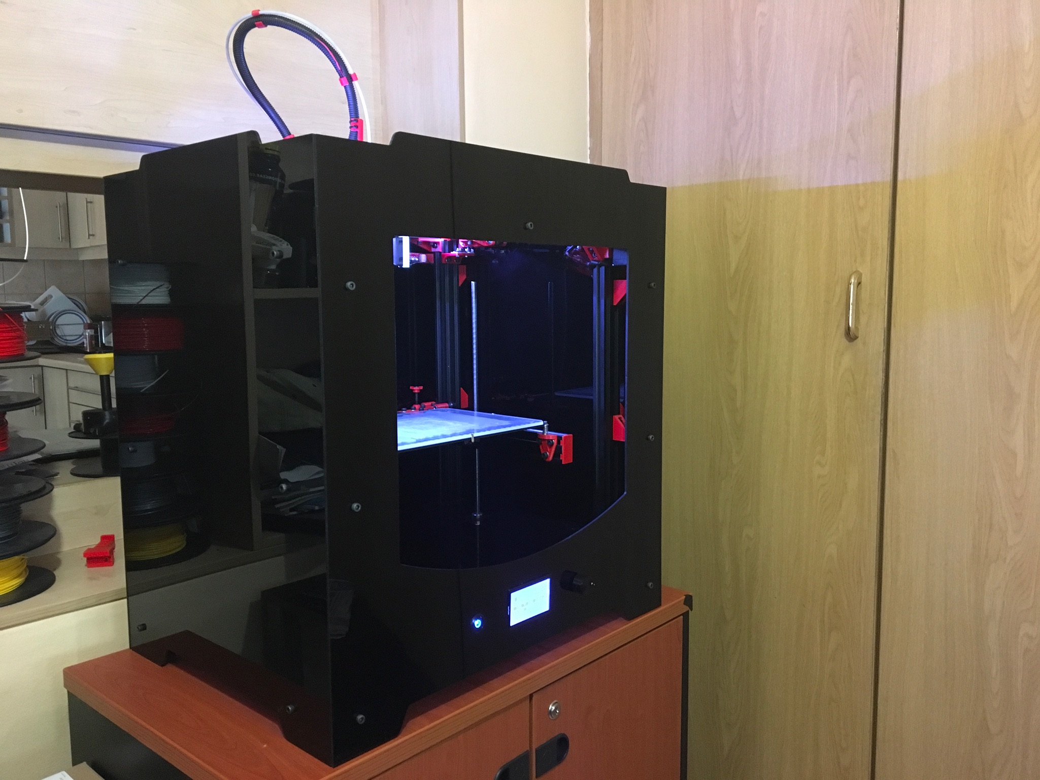 D-Bot Panel stand-offs and 20x20 T-Slot extrusion spool holder.
