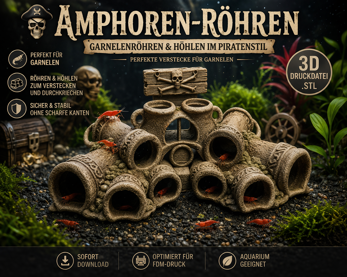 Pirate Shrimp Cave – Aquarium Hide for Neocaridina & Caridina