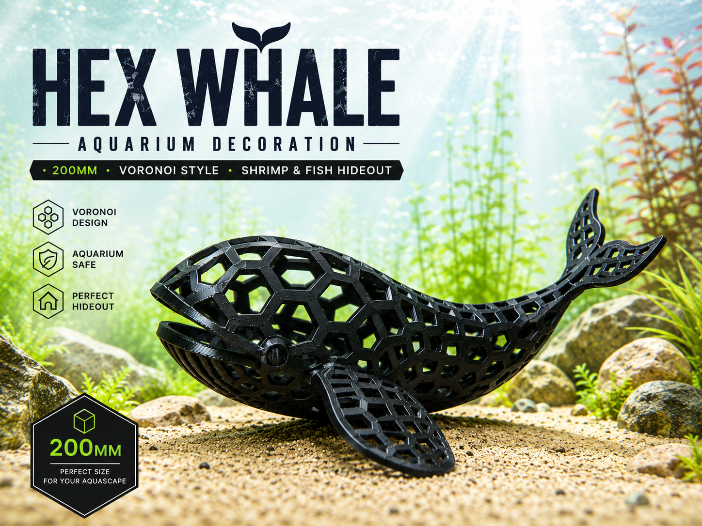 HEX WHALE – Voronoi Whale | Aquarium Decoration & Shrimp Hideout | 200mm
