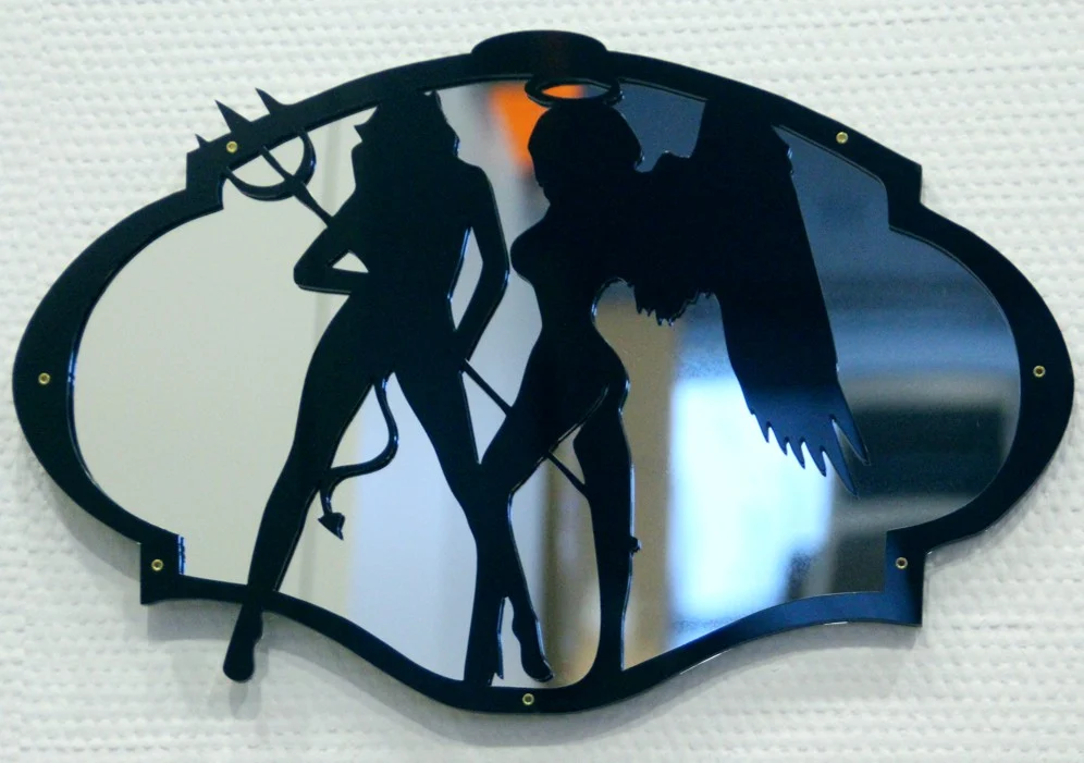 in mirror - hell and heaven angels laser cut