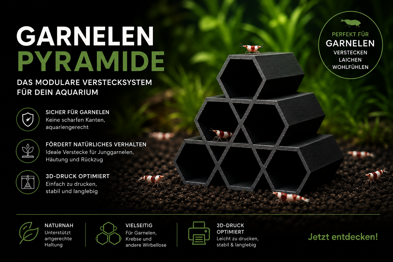 Shrimp Pyramid – Modern Hexagonal Aquarium Hideout / Garnelen Pyramide – Hexagonales Versteck für dein Aquarium